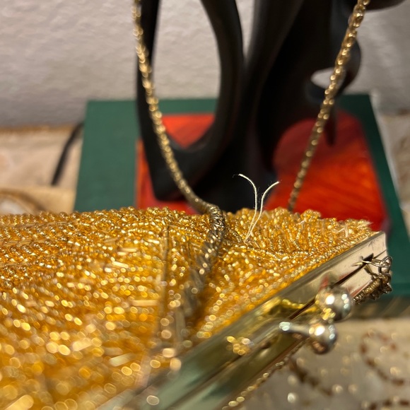 Vintage Gold Beaded HandMade in China Purse Evening Bag Metal Gold Tone Strap - Picture 3 of 9